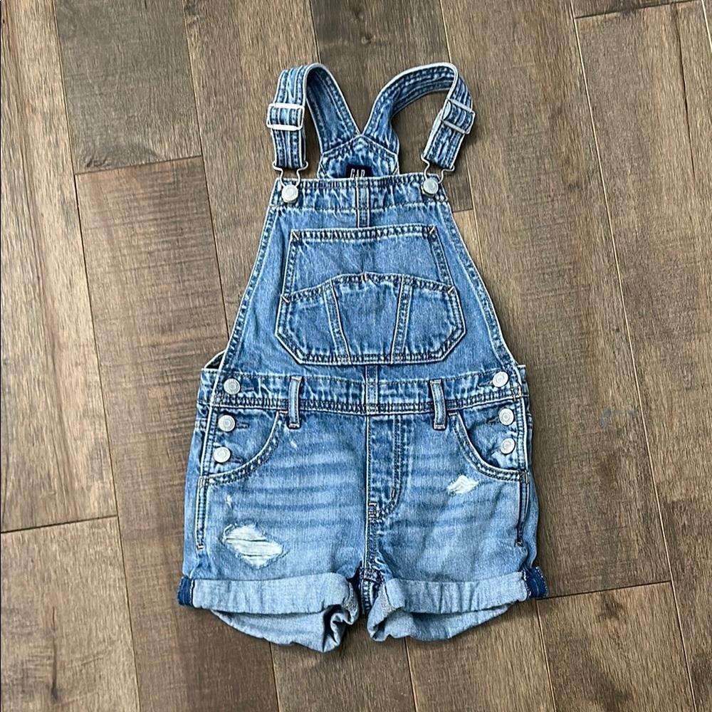 GAP Blue Denim Overalls with Adjustable Straps and Distressed Details